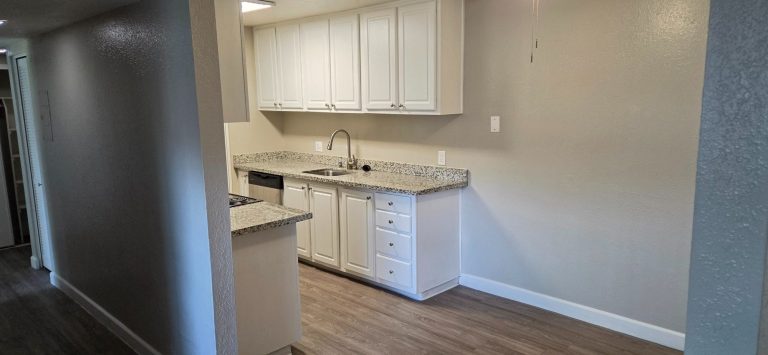 Kitchen with white cabinets, updated countertops, and wood-look flooring