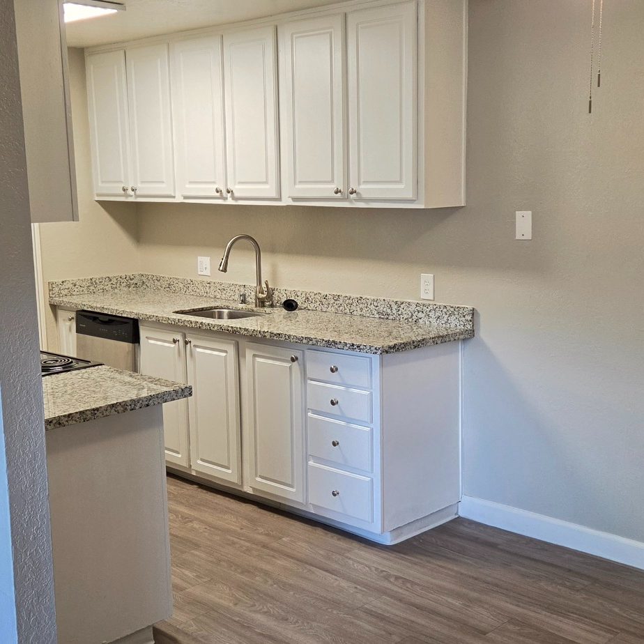 Dell Ridge project kitchen with white cabinets, updated countertops, and wood-look flooring